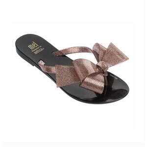 Melissa Harmonic Bow III Flip Flop 8 Black Sparkle Sandal Beach Resort Cruise
